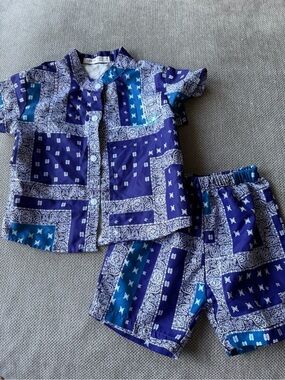 Shein Baby Boy‎ Outfit Set, 12-18 Months, Blue Bandana Print, Short Sleeve Shirt